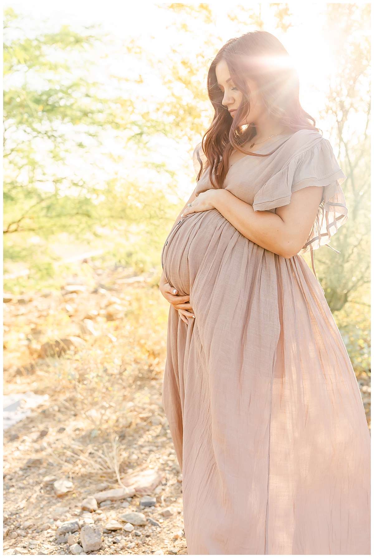 Maternity Photos with Lace Gown and Blush Dress