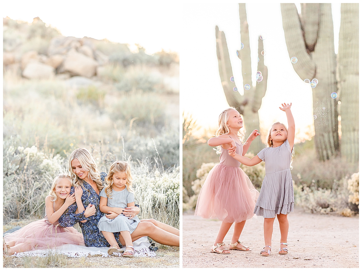 Mom hugging girls on picnic blanket in Scottsdale, AZ photographed by Christine Deaton Creative