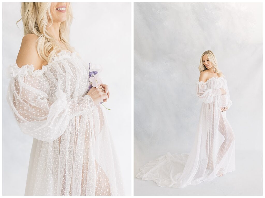A two photo vertical collage of a blonde woman turned to the side dawning a flowy off the shoulder white translucent dotted maternity gown on a neutral backdrop for her editorial maternity shoot