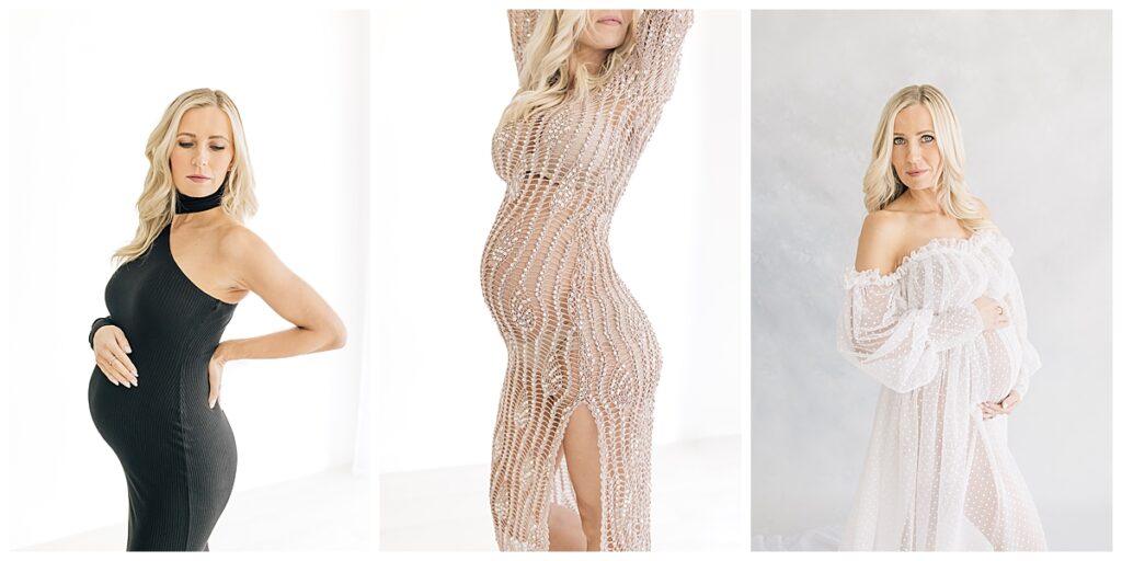 A 3 vertical photo collage of a blonde woman in various maternity style poses wearing a formfitting black maternity gown, a stunning beaded translucent golden hue gown and white dotted off the shoulder maternity gown for an in studio editorial maternity session