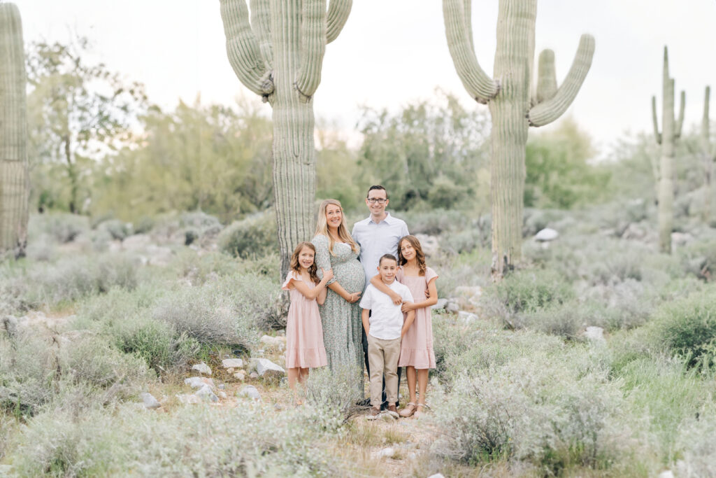 Family of 5 posed together all looking directly at the camera standing in a sea of beautifully soft Arizona muted green landscape shades with 5 iconic Saguaro. From left to right, brown haired girl in soft pink short sleeve dress, blonde pregnant mom in green floral dress, dark haired dad in white button down shirt. In front brunette young boy in white shirt and khakis with oldest sister hugging around his shoulder, brunette hair curled and in a matching soft pink dress for their spring family photos.